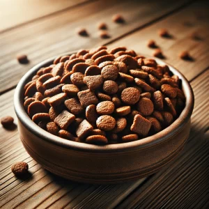 DALL·E 2025 03 17 15.29.26 A close up of a bowl filled with high quality dry dog food with visible kibble textures. The bowl is placed on a wooden surface with soft natural lig