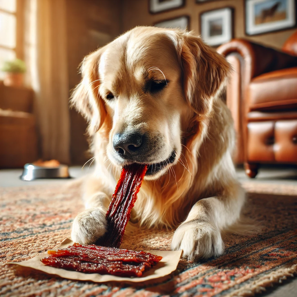 A dog eating beef jerky