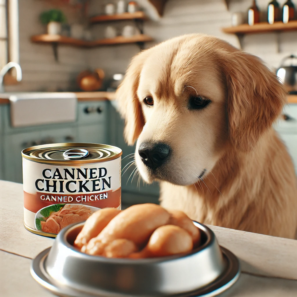 A dog eating canned chicken