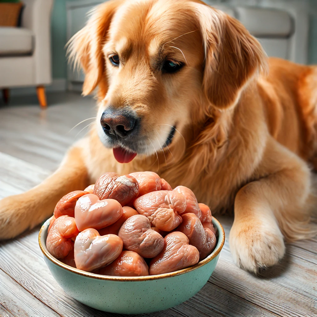 A dog eating chicken hearts
