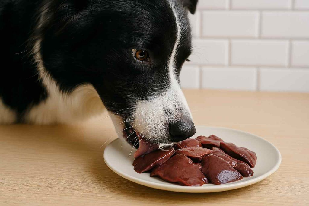 A dog eating chicken liver