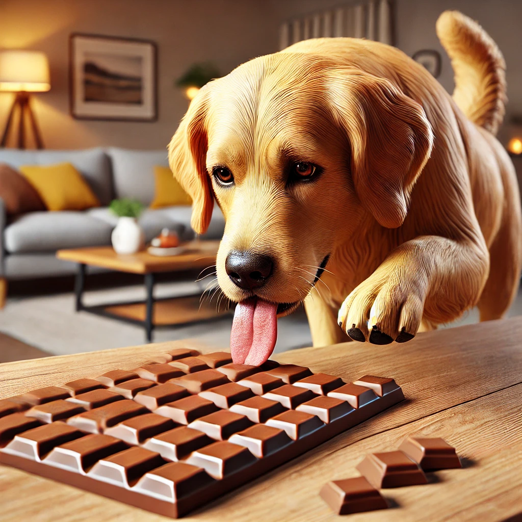 A dog eating chocolate