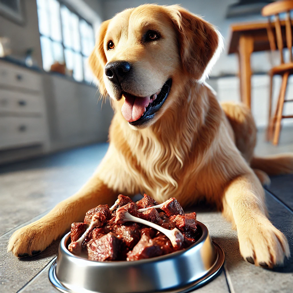 A dog eating deer meat