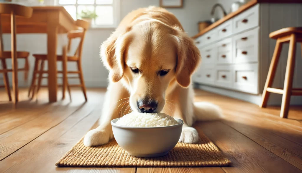 A dog eating grits
