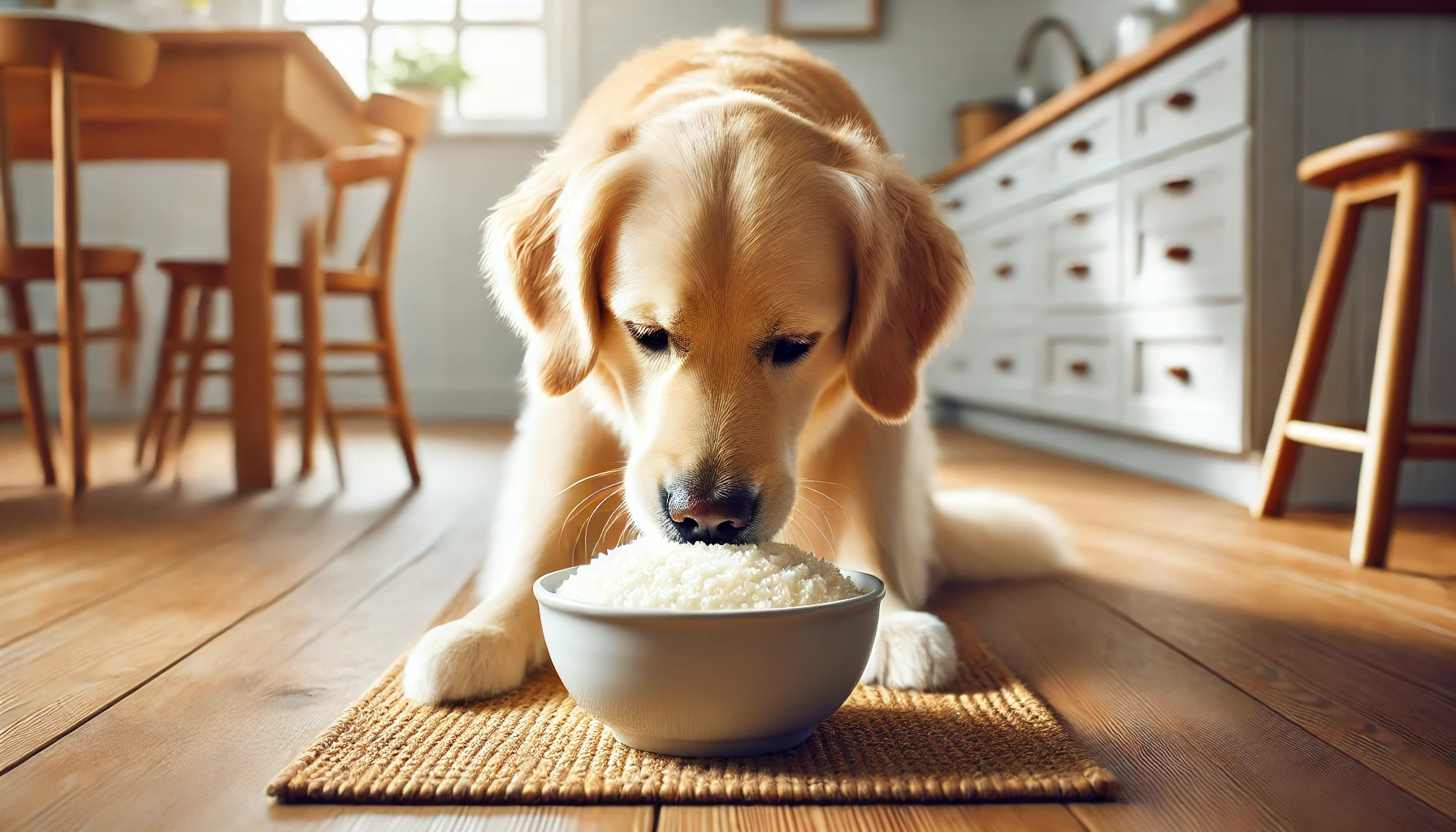 A dog eating grits