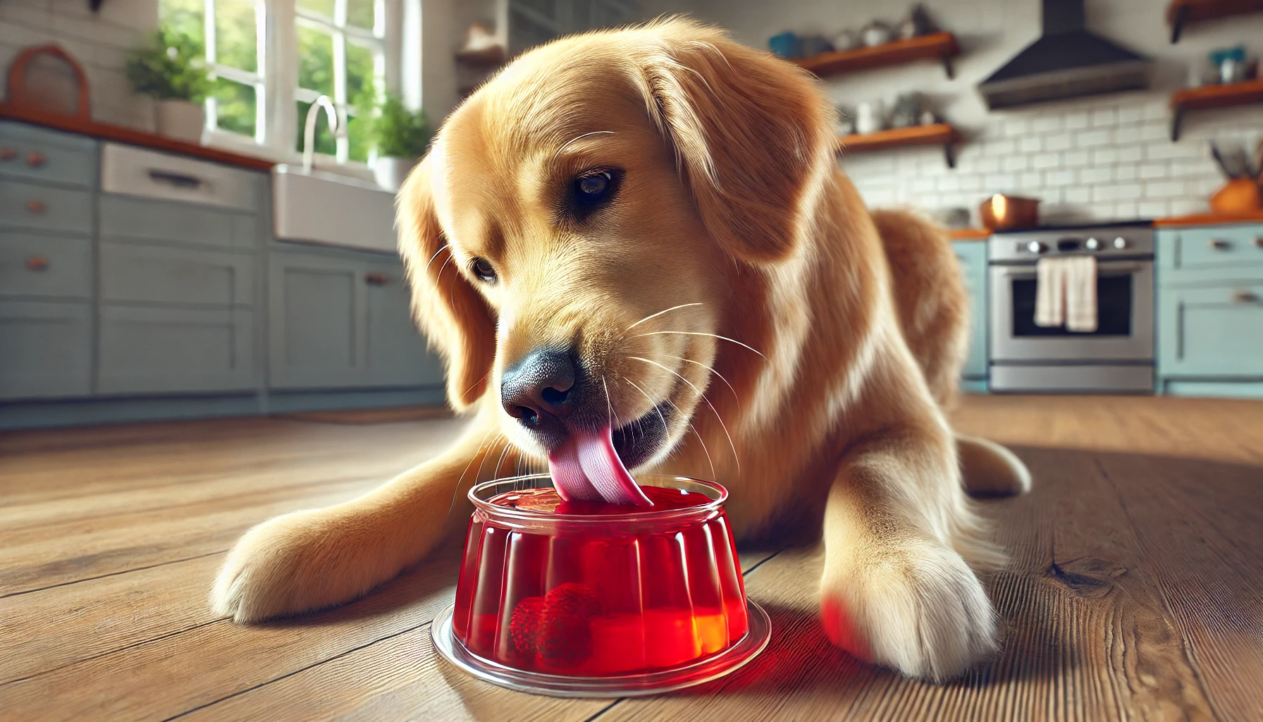 A dog eating jello