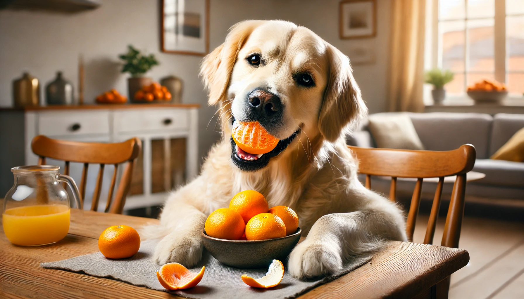 A dog eating mandarins