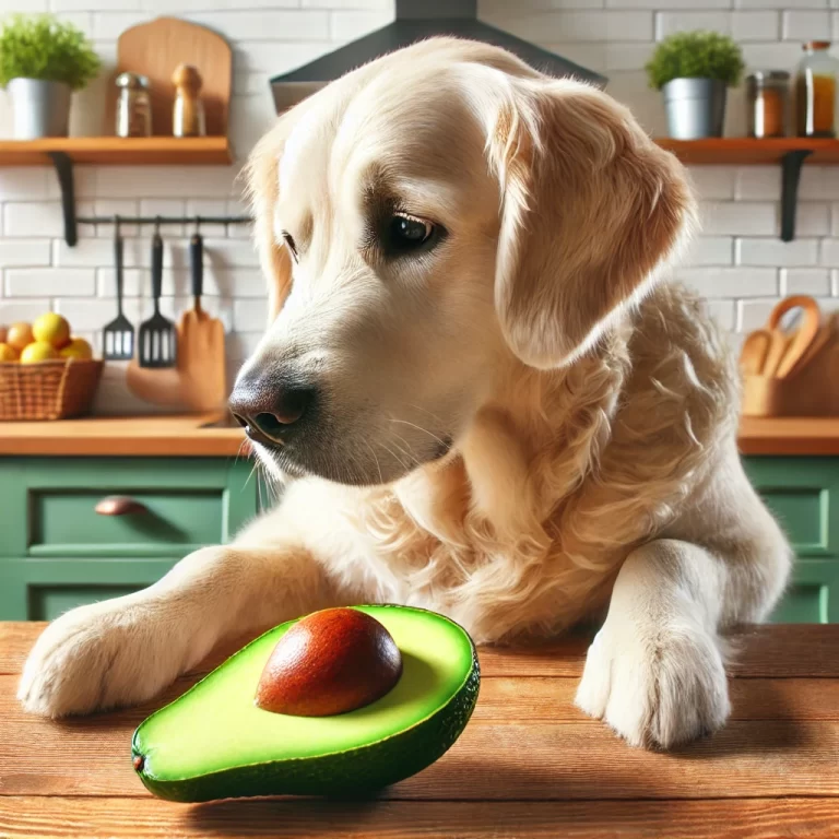 A dog is about to eat an avocado