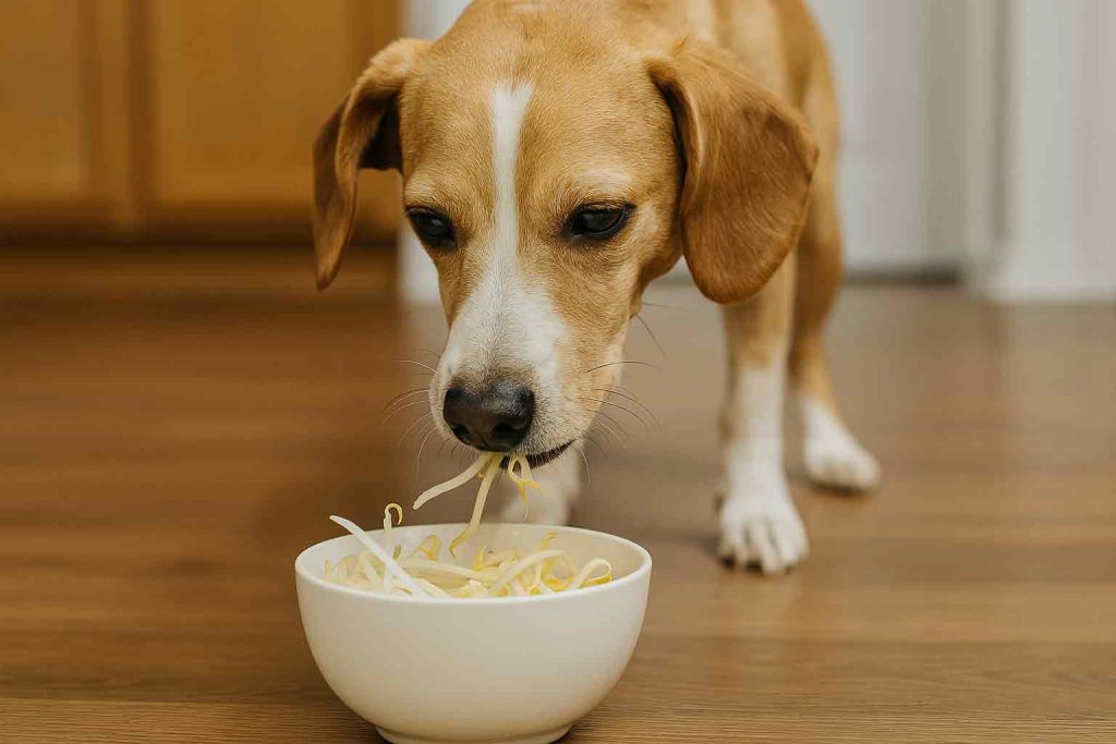 A dog is eating bean sprouts