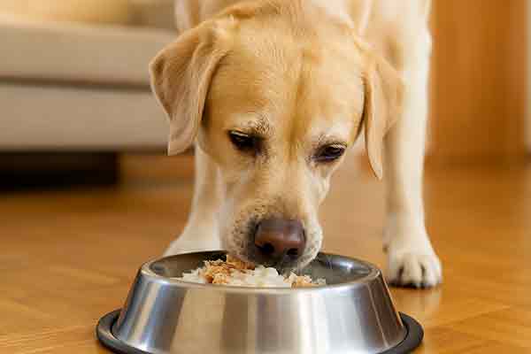 A dog is eating chicken rice