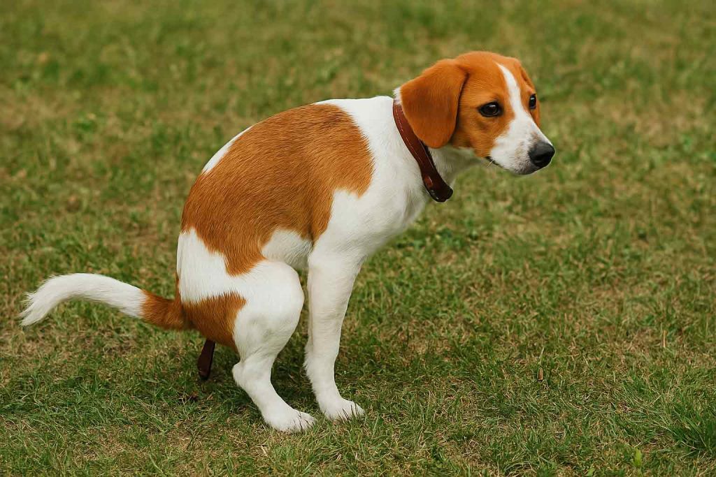 A dog is pooping