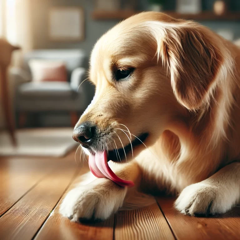 A dog licking paw