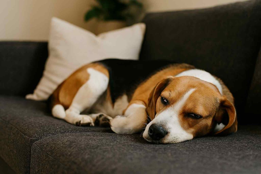 A dog lies on the sofa in the living room and sleeps with his eyes open