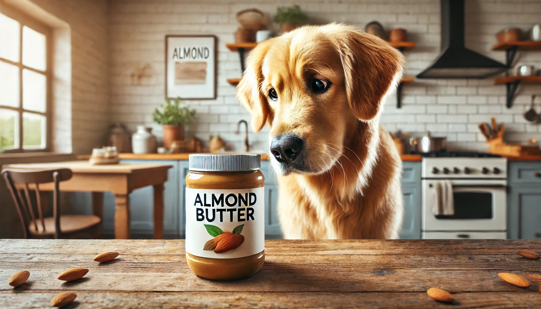 A dog looking at Almond Butter