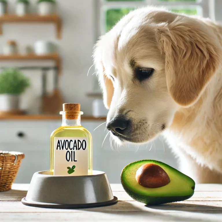 A dog looking at avocado oil