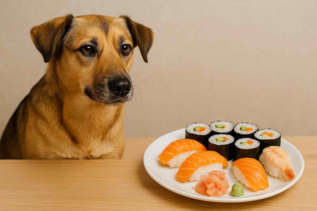 A dog looking at sushi