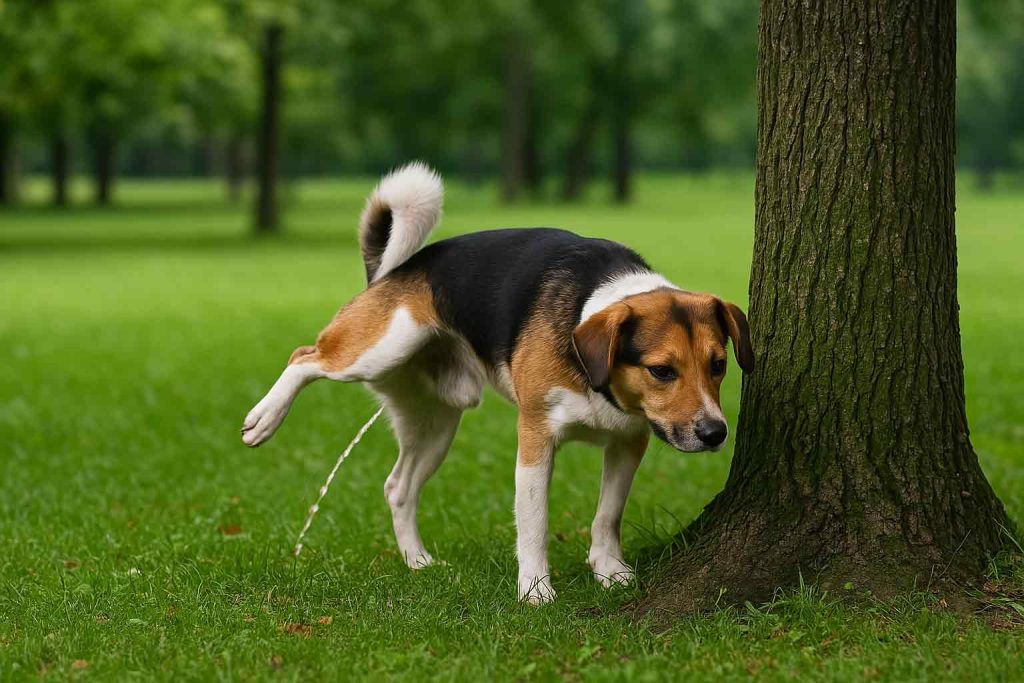 A dog pees under a tree in the park