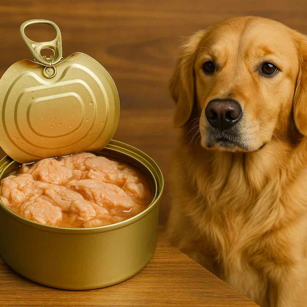 A dog prepares to eat canned salmon