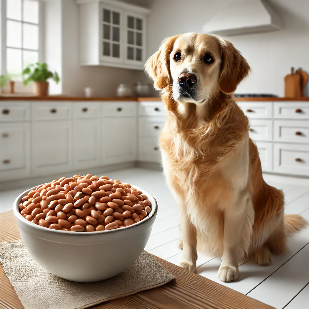 A dog sits and observes Pinto Beans