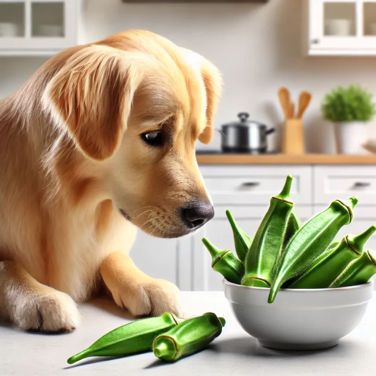 A dog sniffing okra