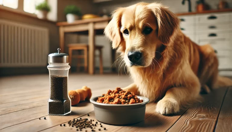A golden retriever is eating food seasoned with black pepper