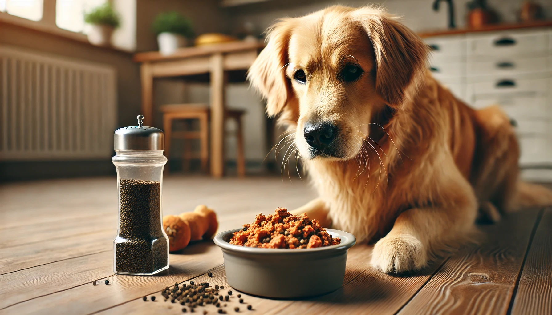 A golden retriever is eating food seasoned with black pepper