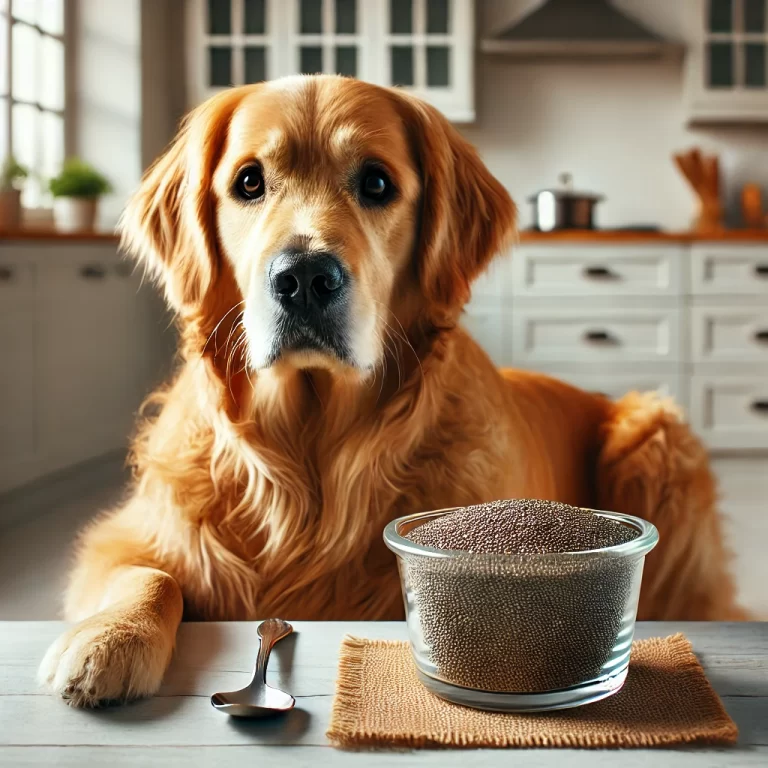 A golden retriever sitting next to a bowl of chia seeds