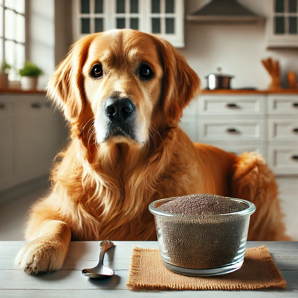 A golden retriever sitting next to a bowl of chia seeds