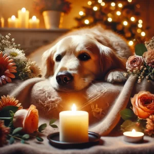 DALL·E 2025 03 18 07.24.23 A solemn and emotional scene of a dog memorial. A golden retriever lies peacefully on a soft blanket surrounded by flowers and a lit candle symbolizi
