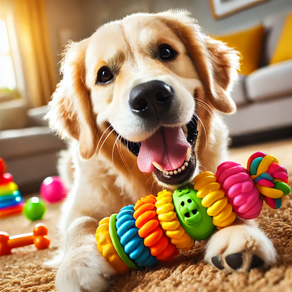 Dog playing with squeaky toys
