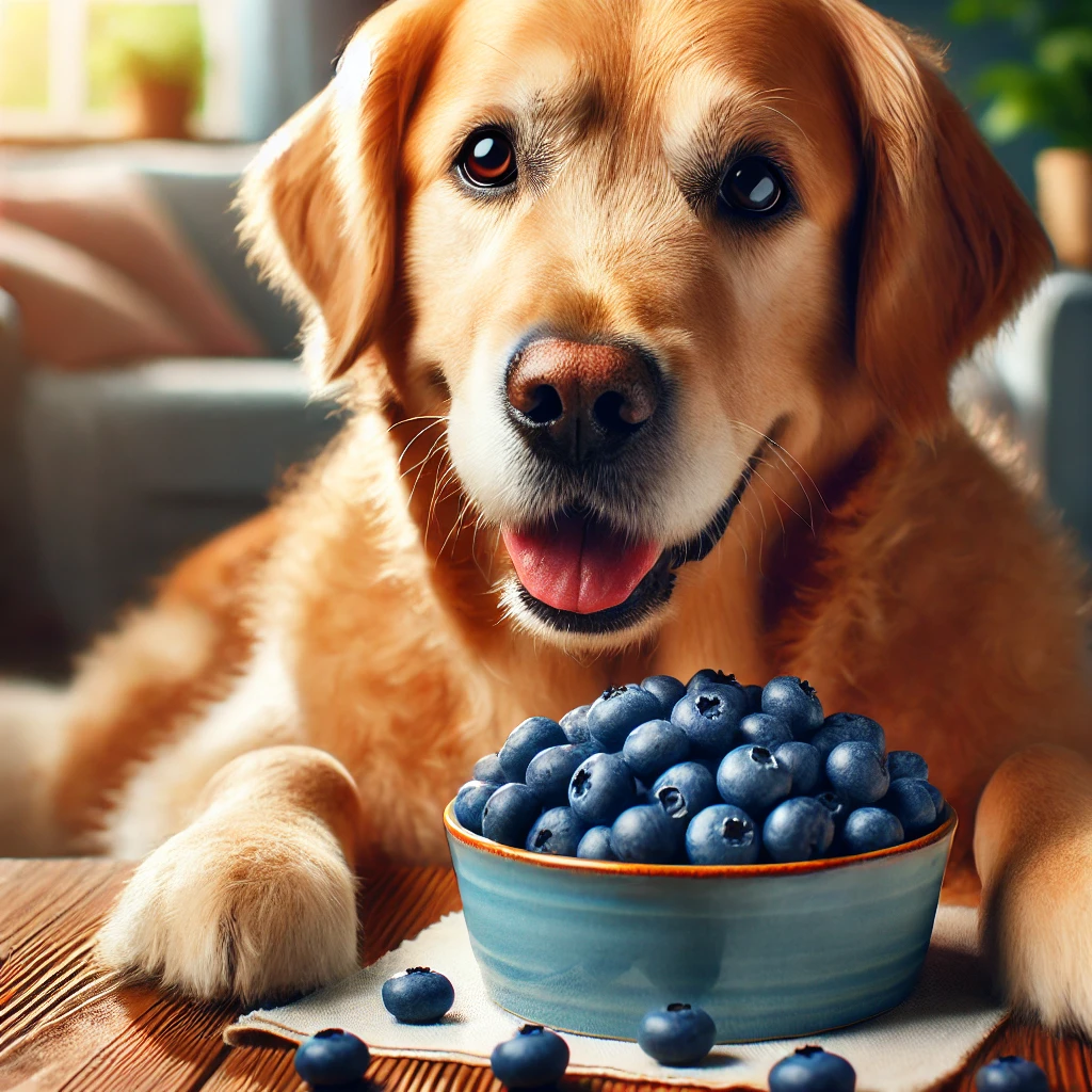 A dog eating blueberries