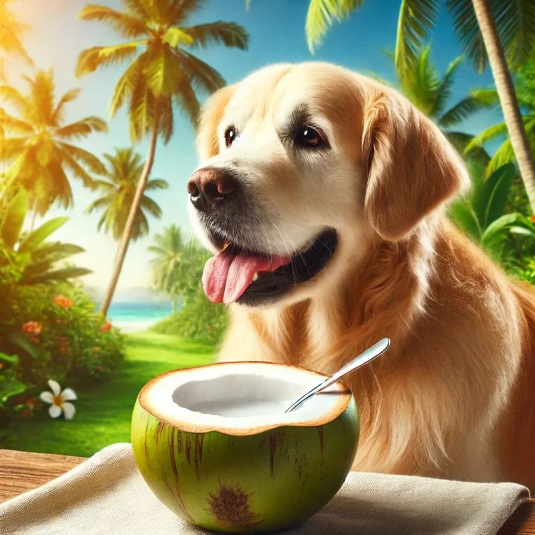 A dog drinking coconut water