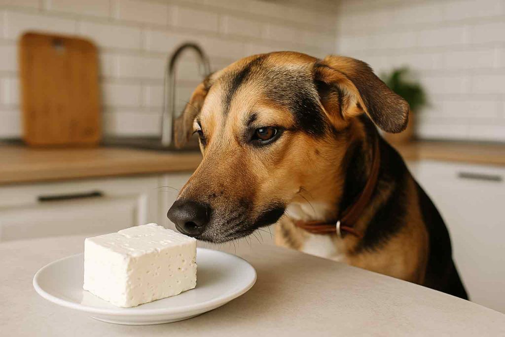 Dog smelling feta cheese in the kitchen