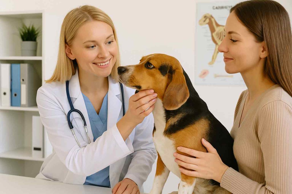 Veterinarian comforting a dog