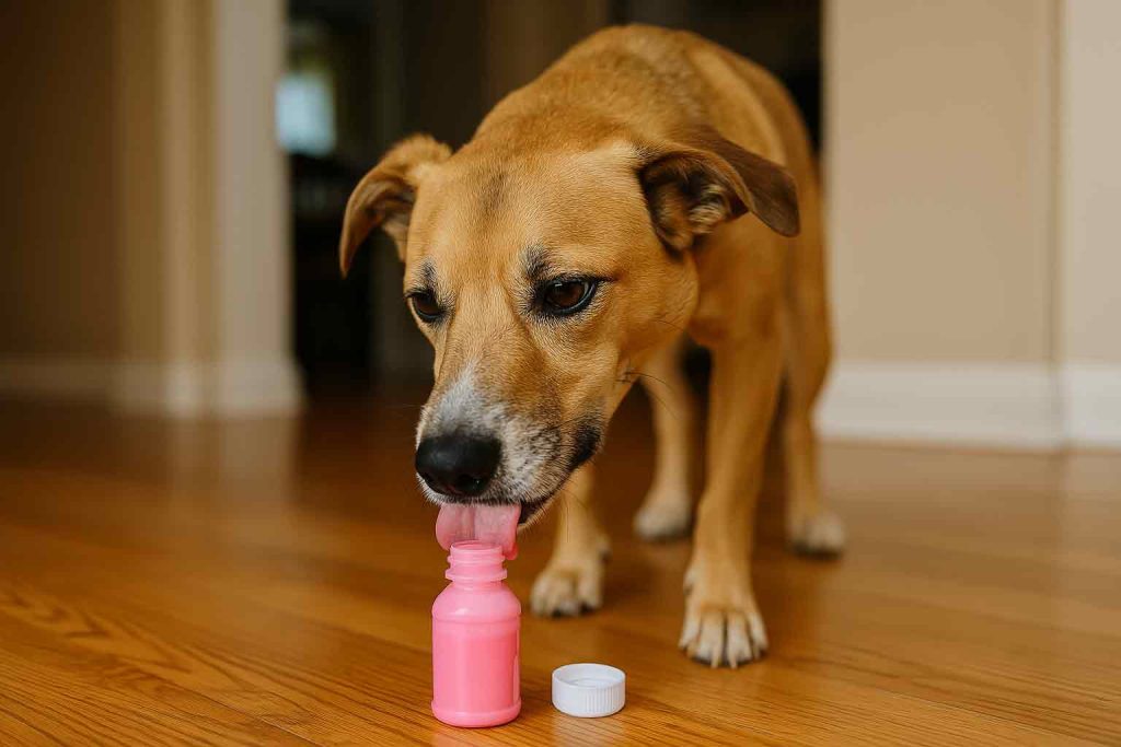 a dog eating pepto bismol