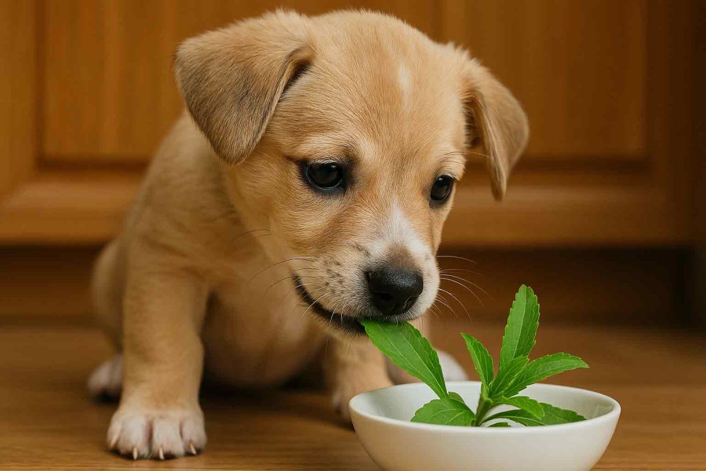 A puppy eating stevia