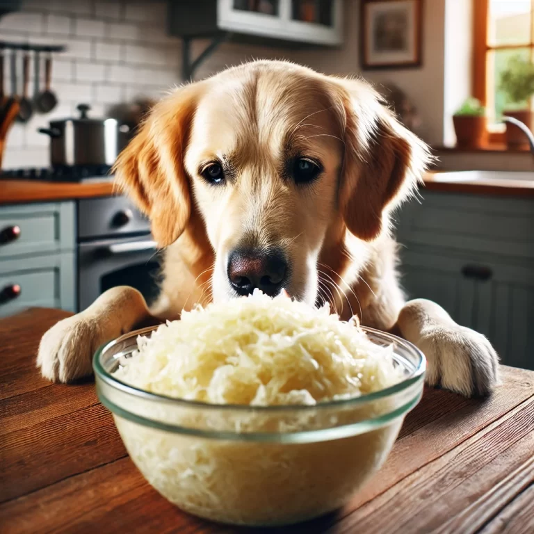 A dog eating sauerkraut