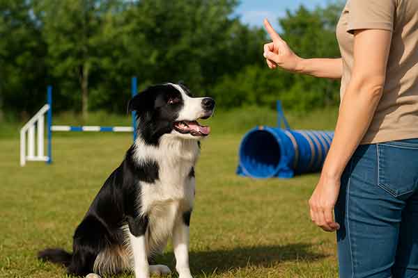 A border collie displays smart behavior during training