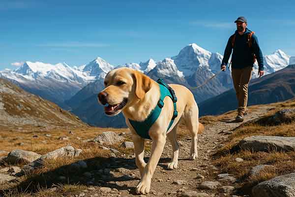 A dog and his owner hiking on the snowy plateau