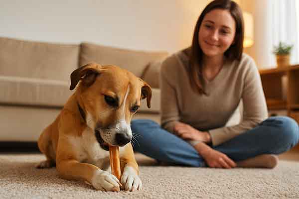 A dog chewing a piece of chewing gum