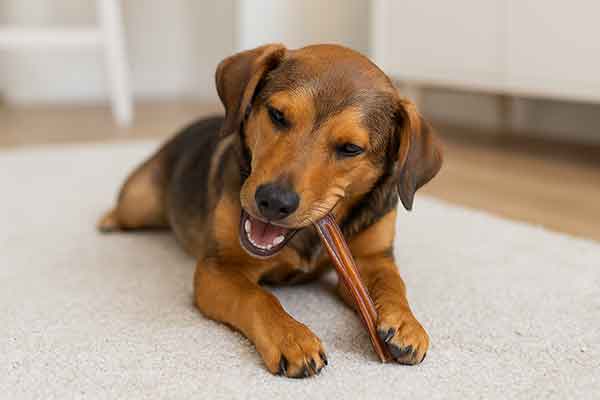A dog chewing a tendon stick