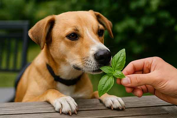 A dog curiously sniffs a fresh basil leaf