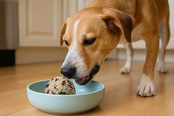 A dog eating wild rice balls