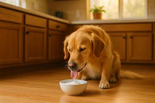 A dog licking coconut yogurt