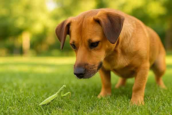 A dog looks down at a praying mantis in the grass