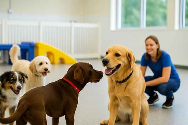 A dog plays with other dogs at an indoor daycare center