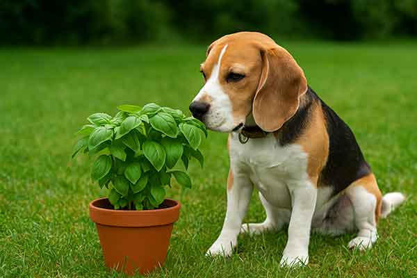 A dog sniffing fresh basil leaves