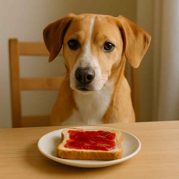 A dog stares at a piece of toast with strawberry jam on the table