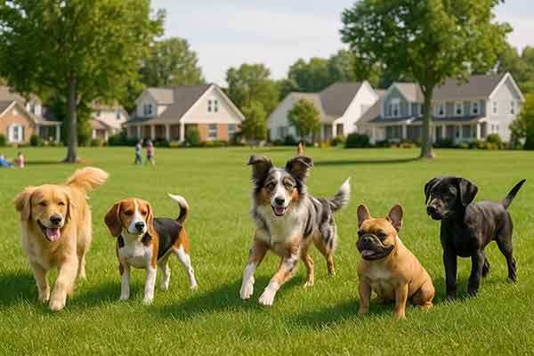 A group of dogs of different breeds playing on the grass in a park in the United States