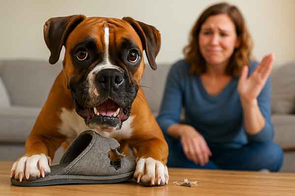 A playful Boxer dog chewed up the slippers